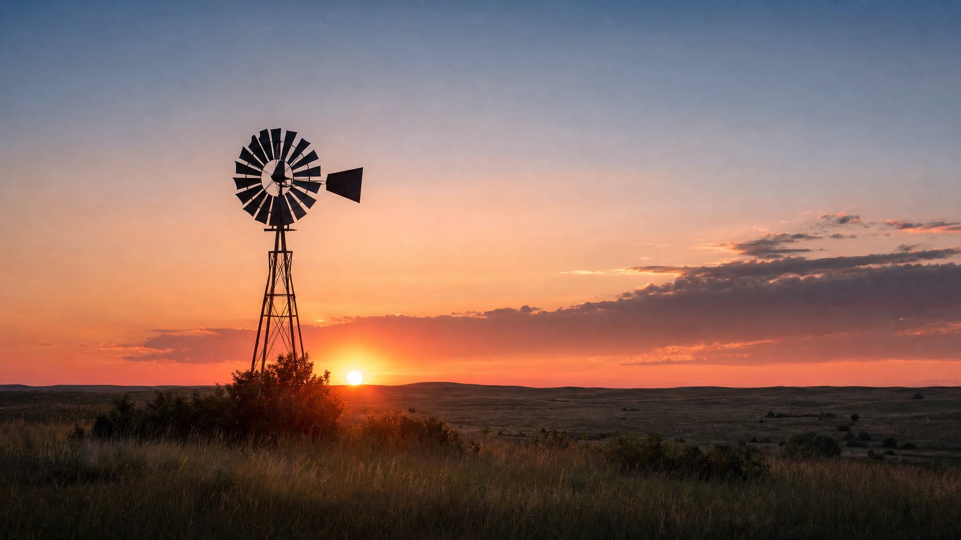 Kansas prairie windmill at sunset